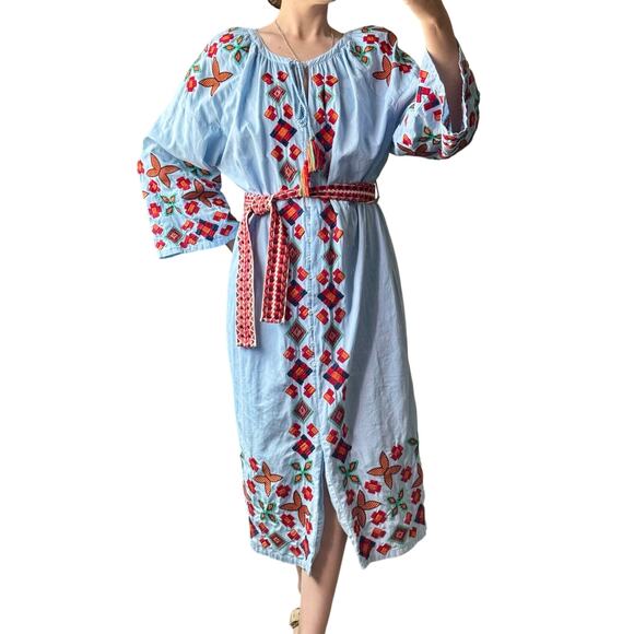 Zara Dresses & Skirts - Zara TRF Embroidered Folk Dress Boho Peasant Cottagecore Midi Belted L